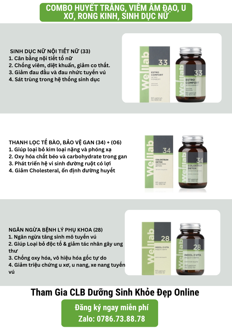 Combo huyết trắng, viêm âm đạo, u xơ, rong kinh, sinh dục nữ
